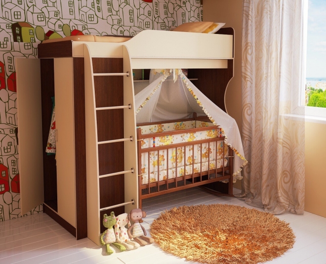 Кровать-чердак с кроваткой для новорожденных внизу