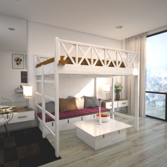 Модель кровати-чердака с высокими бортиками и двойной вертикальной лестницей