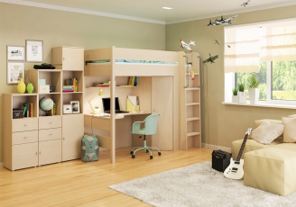 Спальный комплекс для подростка с кроватью-чердаком со шкафом и угловым столом