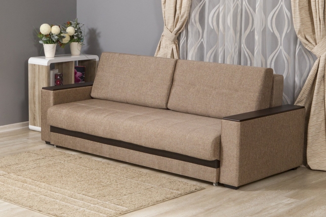 Прямой двухместный диван еврокнижка с подлокотниками и двумя подушками