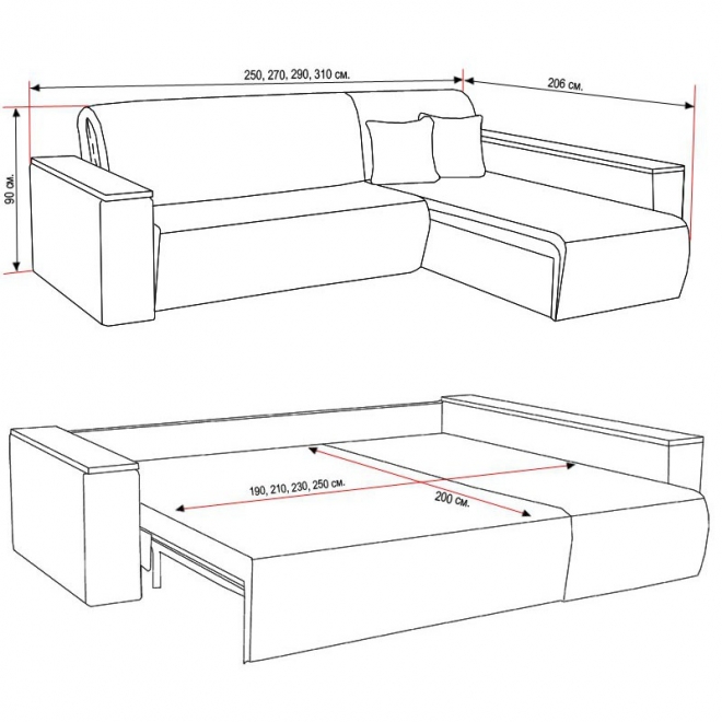 Возможные размеры углового дивана с механизмом аккордеон